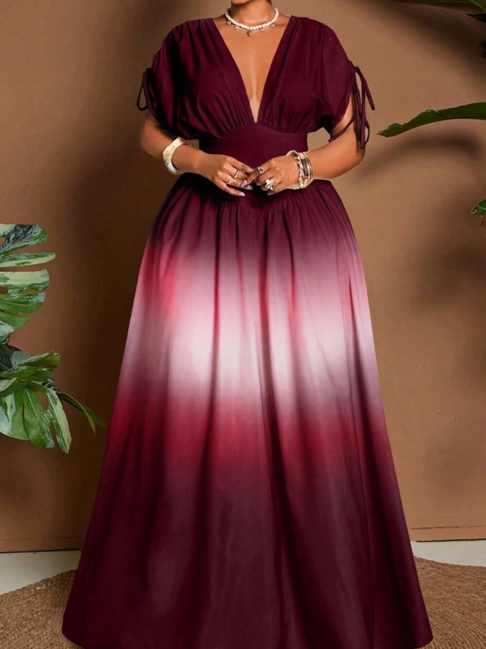 Multicolor Casual Women's Tropical Gradient Plus Size V-Neck Dress - Picture 6 of 7